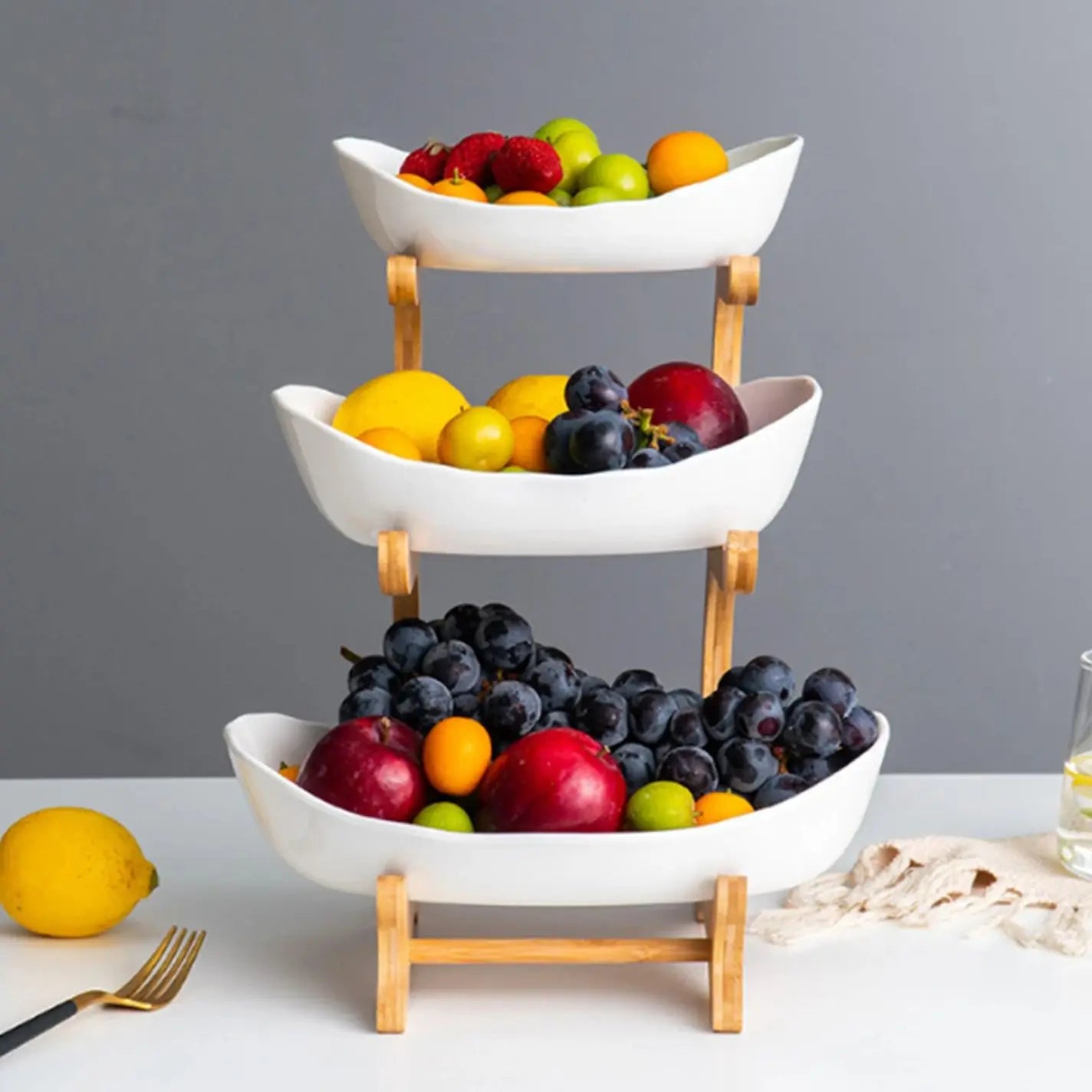 3 Ceramic Bowls Wooden Frame Bowl Holder Organizer