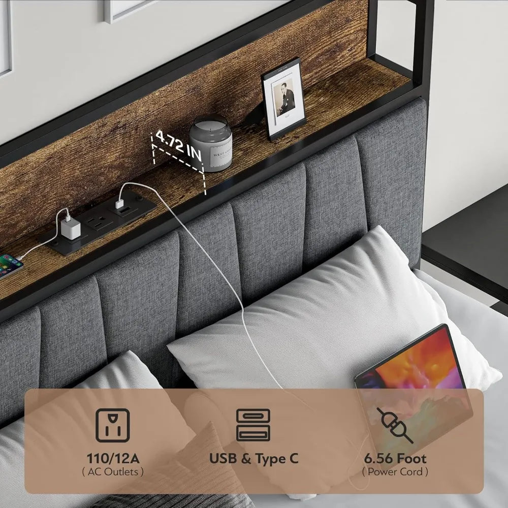 Queen Size Bed, Drawers, Platform Bed Frame, Charging Station, LED Bed