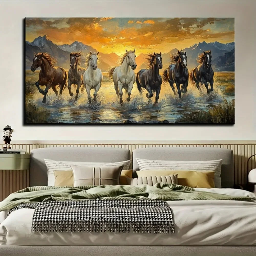 Elegant Seven Horse Canvas Wall Art, Pine Frame, Waterproof, 1.5 inch thick Pine Frame