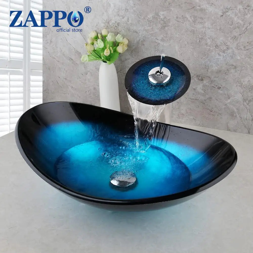 Oval Blue Tempered Glass Sink, Waterfall Black Faucet Tap, Above Counter Basin