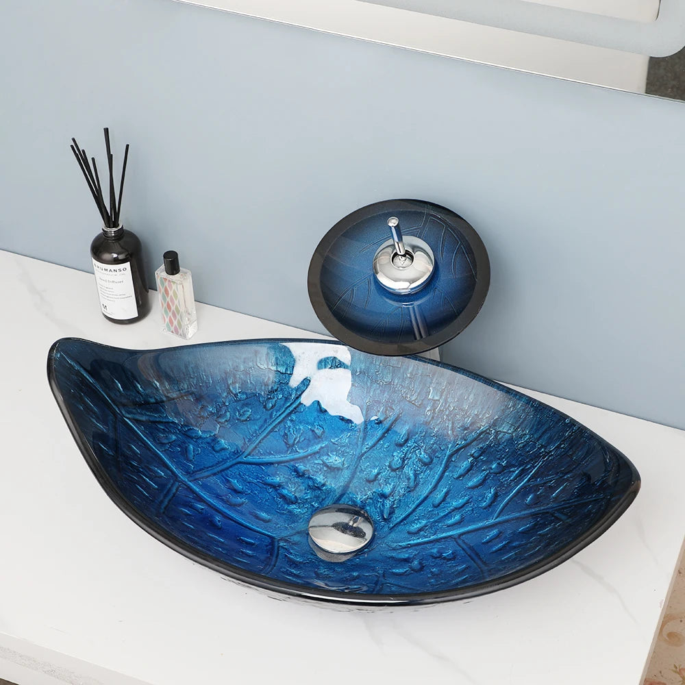 Oval Sink, Waterfall Faucet, Tempered Glass, Above Counter