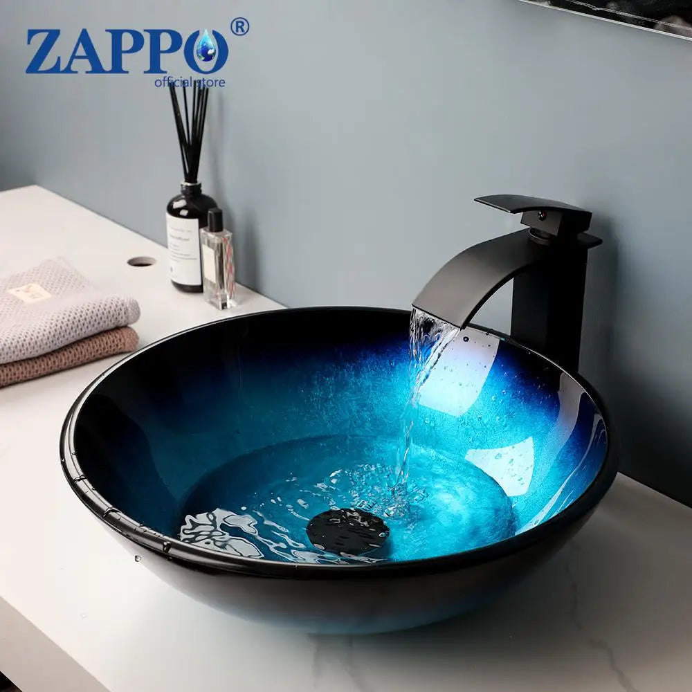 Oval Blue Tempered Glass Sink, Waterfall Black Faucet Tap, Above Counter Basin