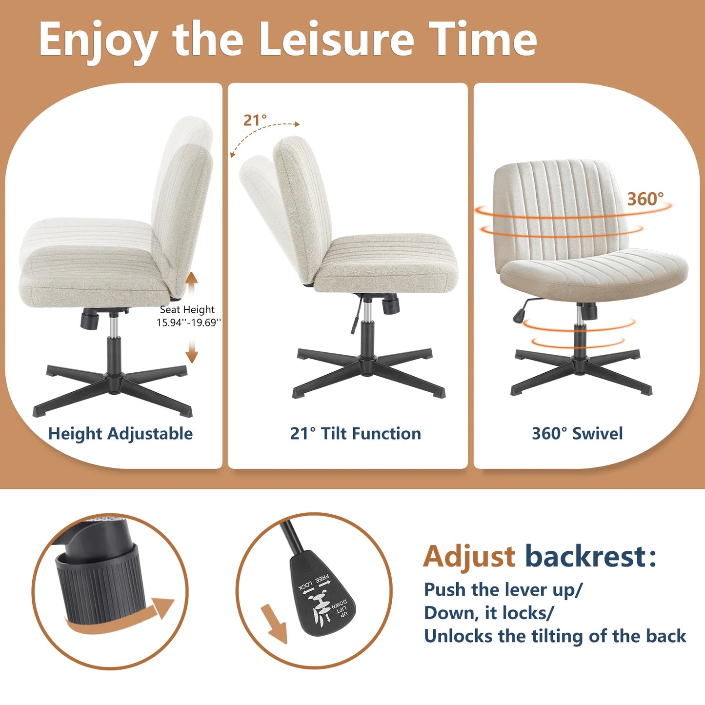 Office Chair, Armless, Wide, Dual-Purpose Base, Adjustable, Swivel, Fabric