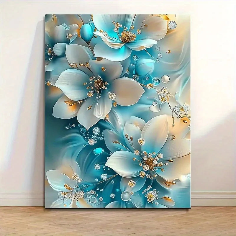 Blue & White Flowers Oil Painting, Framed, Gold Accents