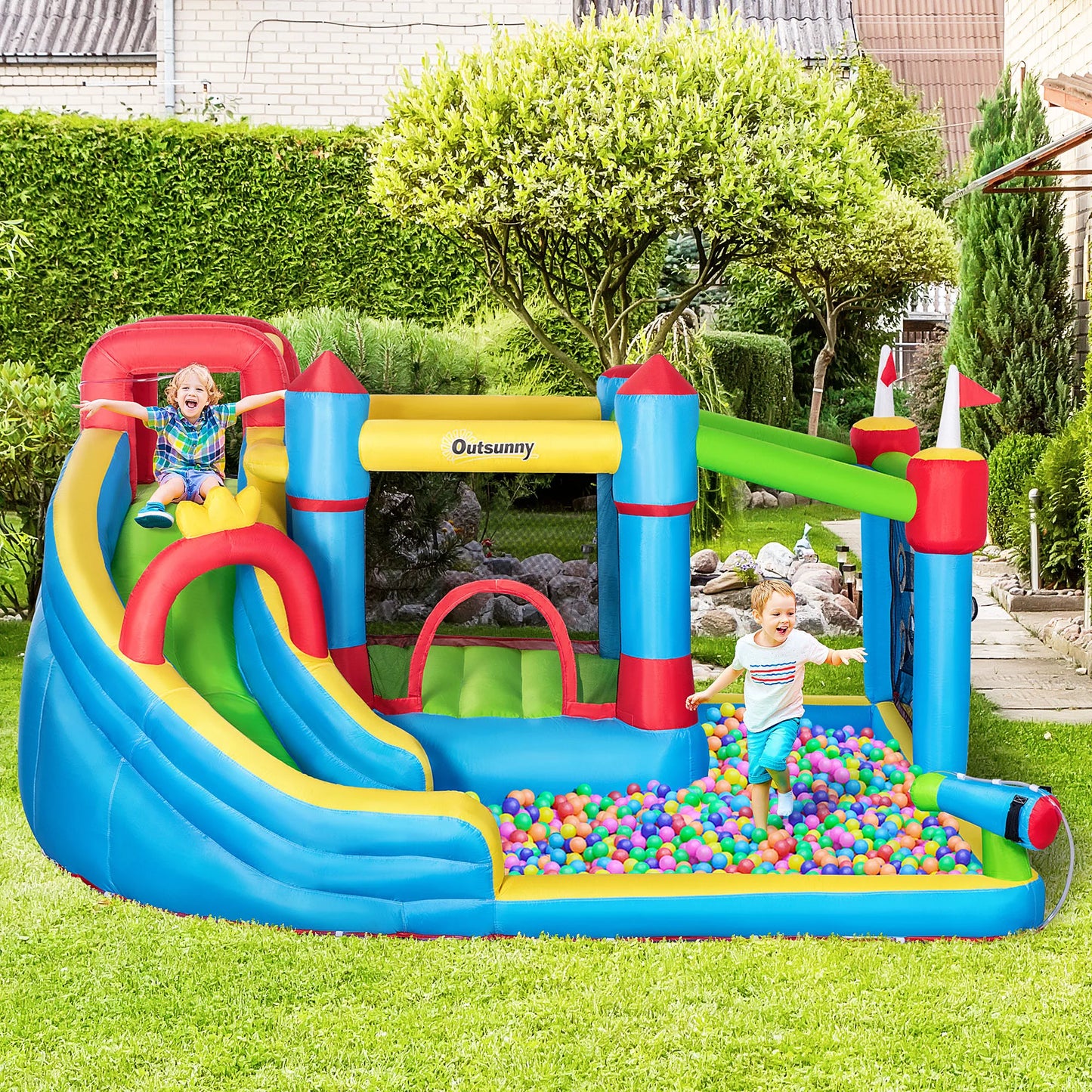 Inflatable Water Park, Trampoline, Slide, Outdoor, Sprinkler, Target Games, Water Gun, Blower