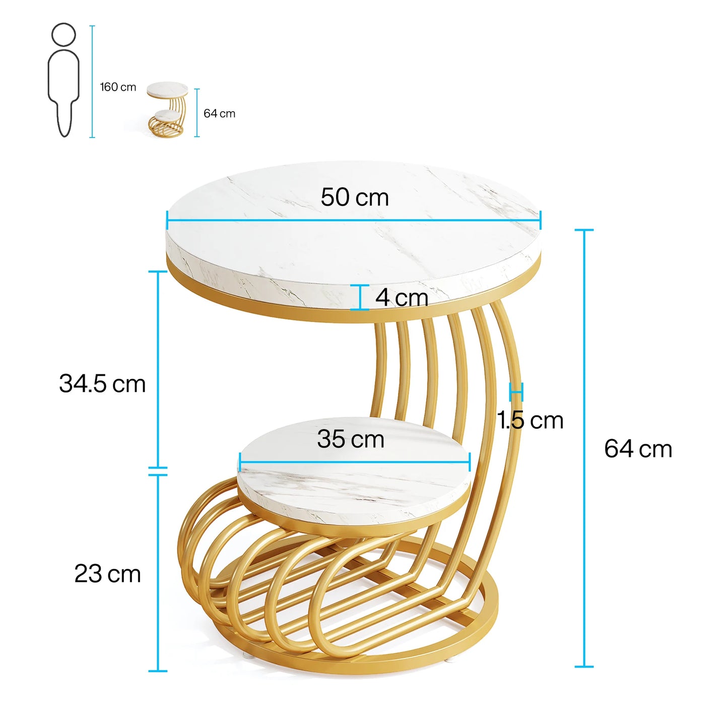 End Table, Faux Marble Side Table with Storage Shelf, Nightstand