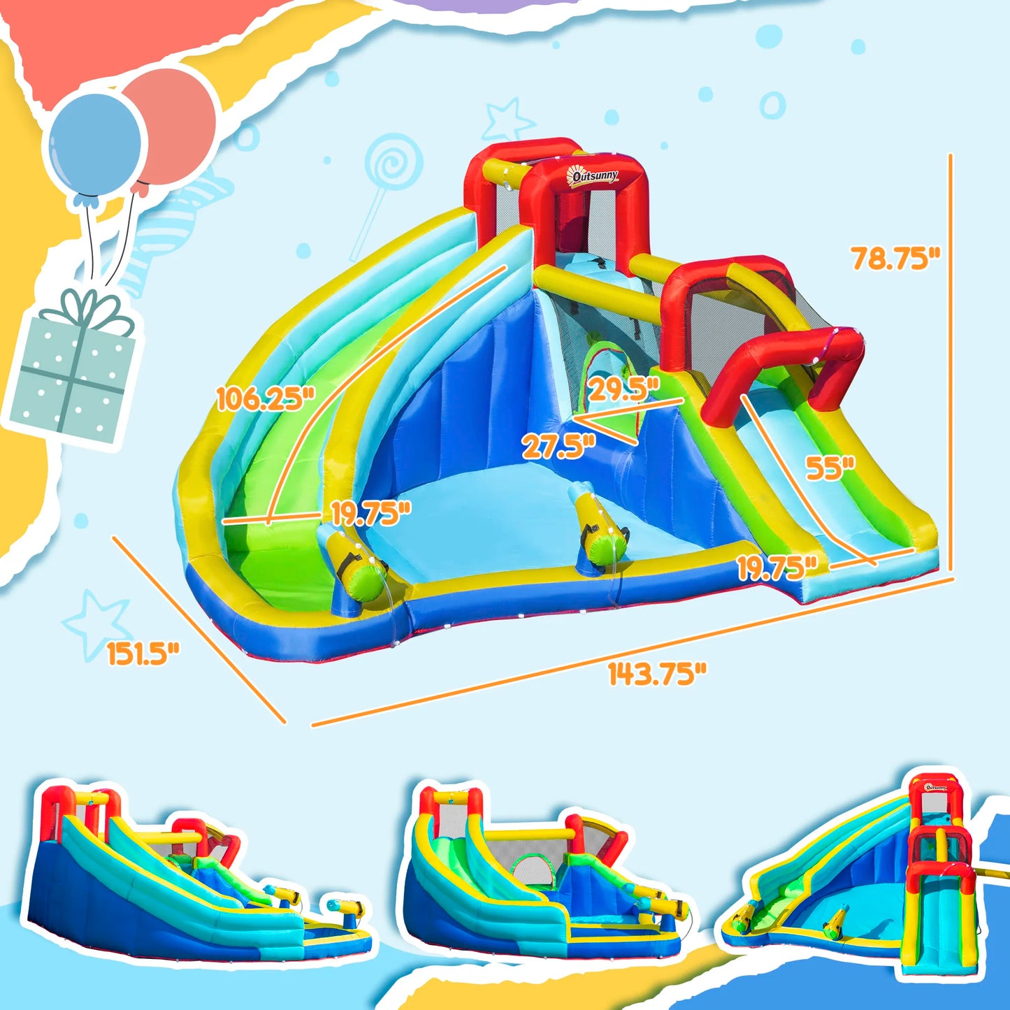 Inflatable Water Park, Trampoline, Slide, Outdoor, Sprinkler, Target Games, Water Gun, Blower