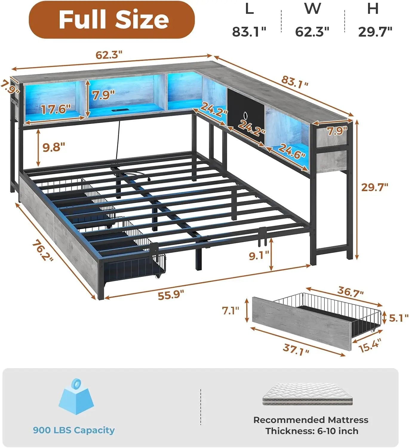 Corner Full Bed Frame, Bookcase Storage, Led Lights, Storage Drawers, Charging Station