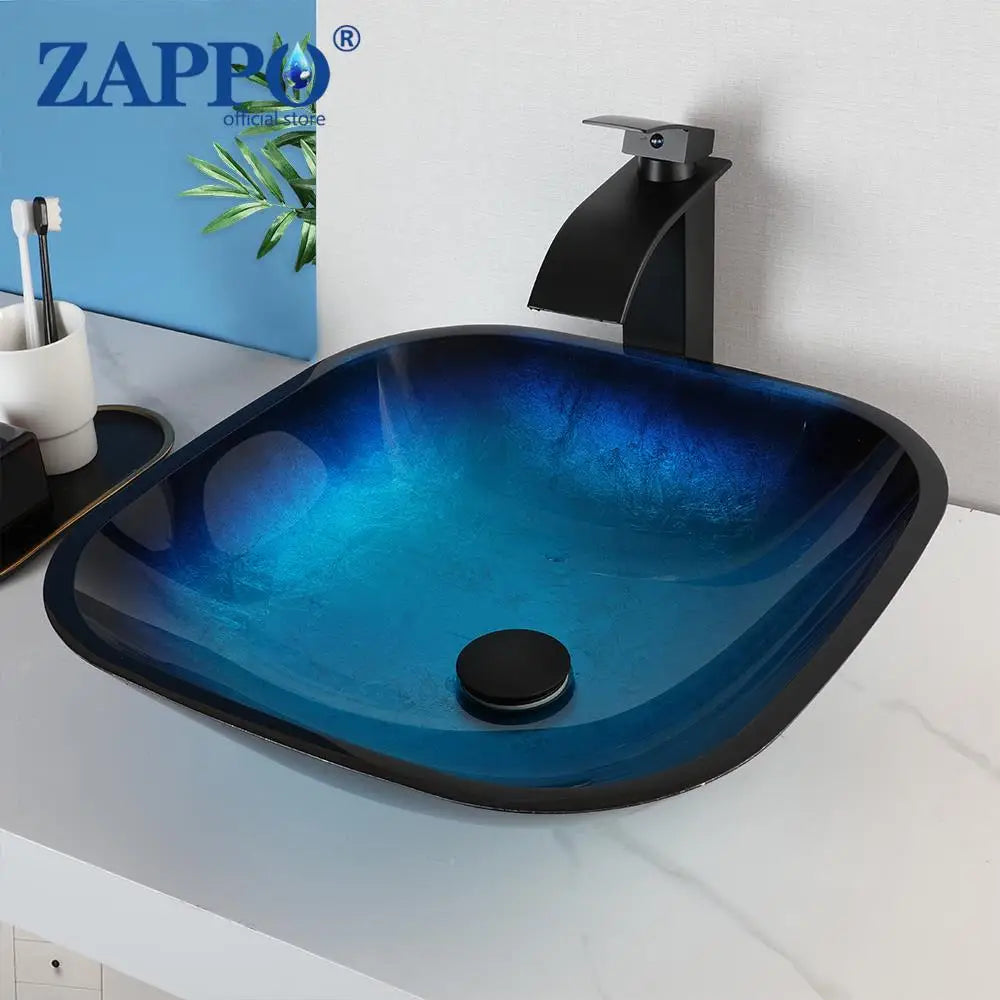 Oval Blue Tempered Glass Sink, Waterfall Black Faucet Tap, Above Counter Basin