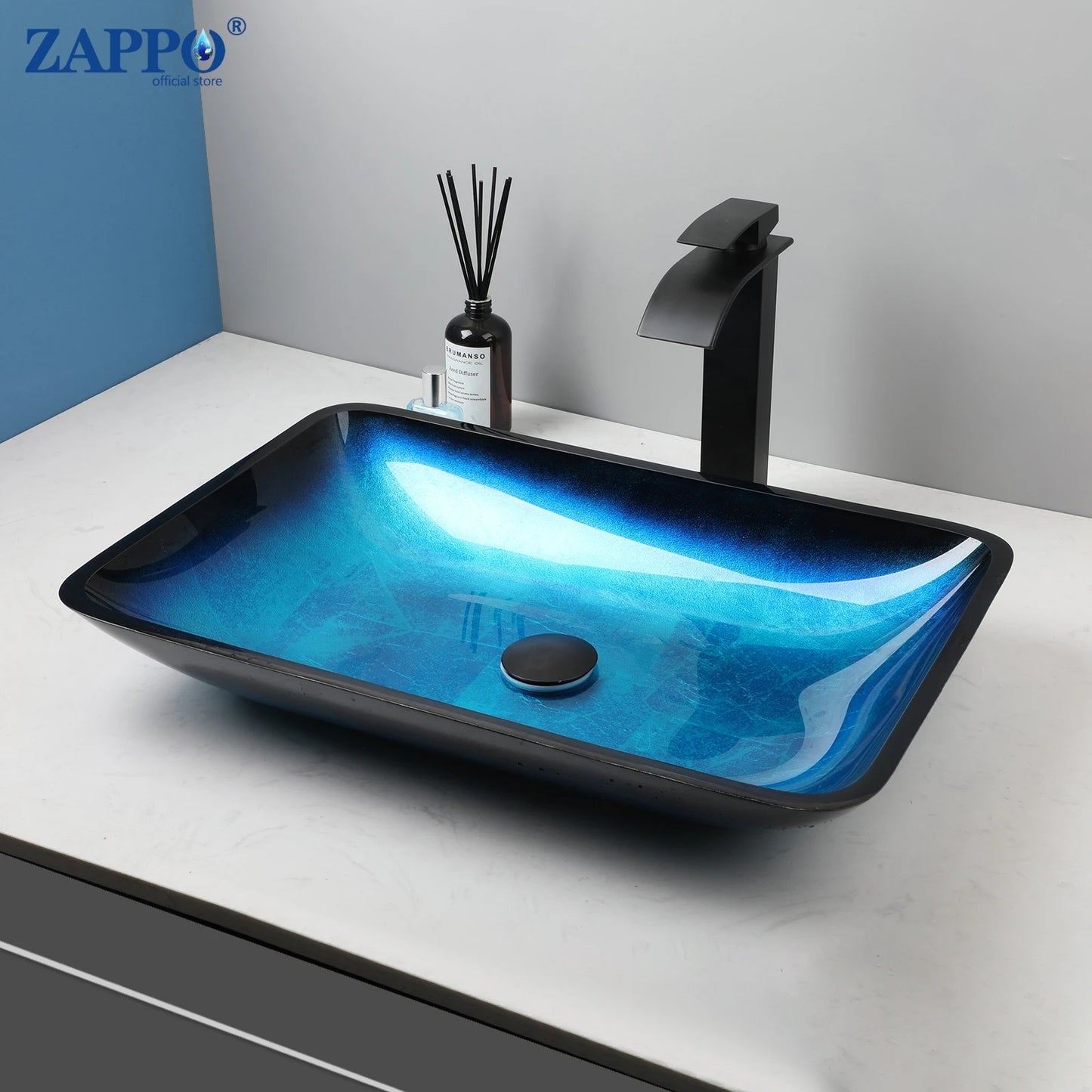 Oval Blue Tempered Glass Sink, Waterfall Black Faucet Tap, Above Counter Basin