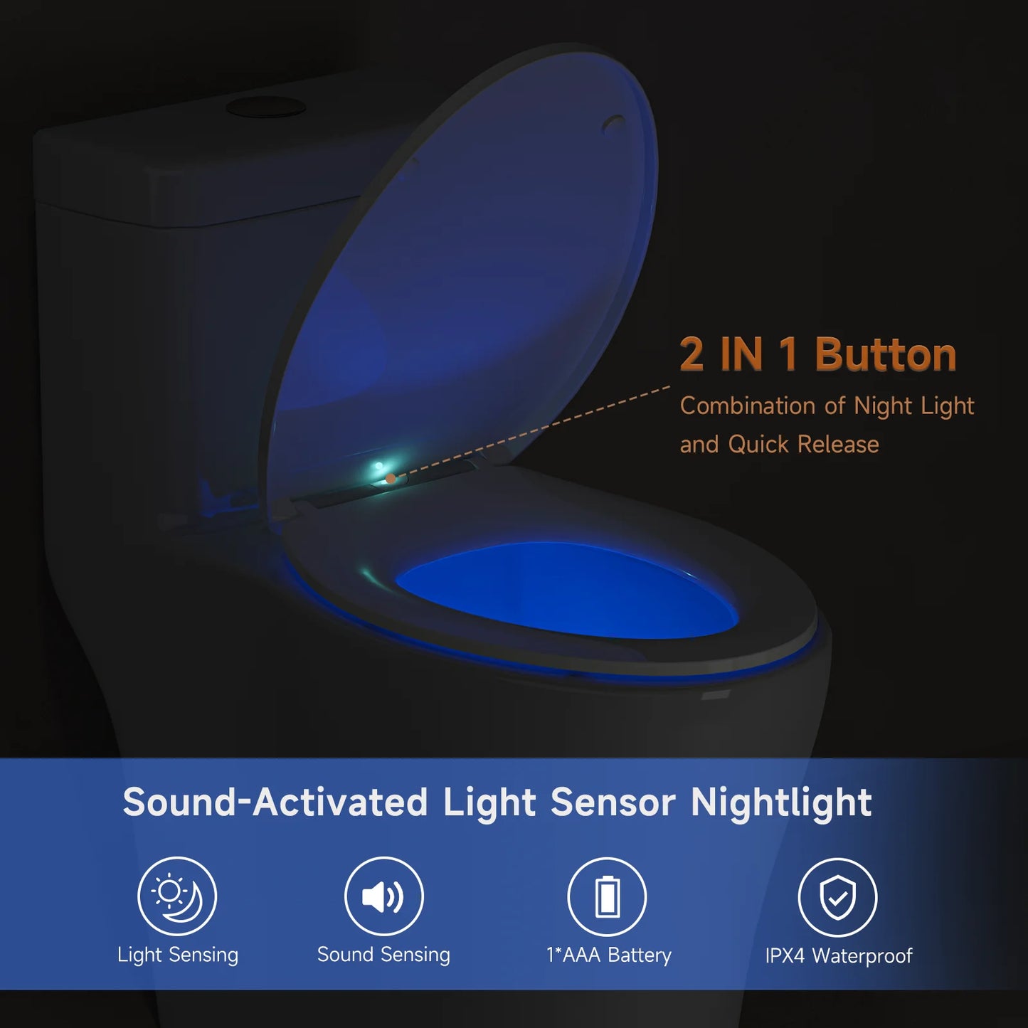 Elongated Toilet Seat, Built-in Light, Soft Slow Close, Plastic