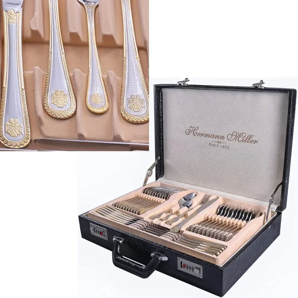 72 Piece Fine Silverware Set, Gift Carrying Case, Gold