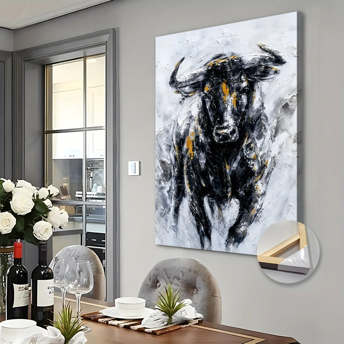 Abstract Cow Wall Art, Wooden Frame, Wall Art Deco