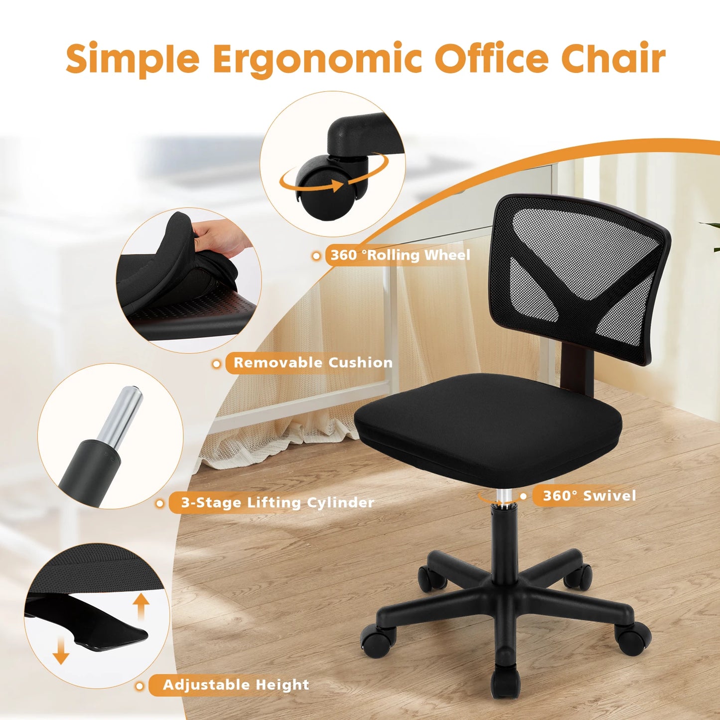 Armless Office Chair, Lumbar Support, Adjustable Height, Swivel