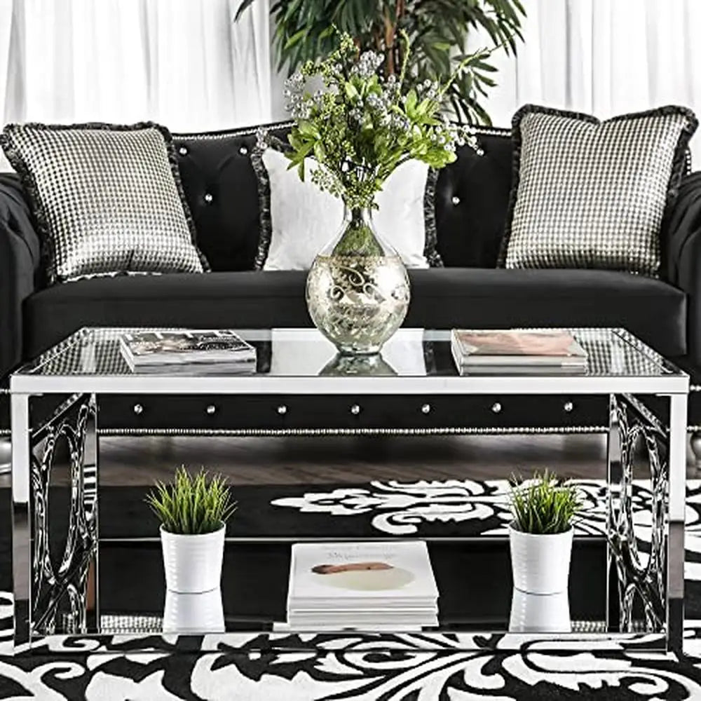 Chrome Glass Coffee Table, Bottom Shelf 47."x 25", Mirror Accents, Beveled Edge