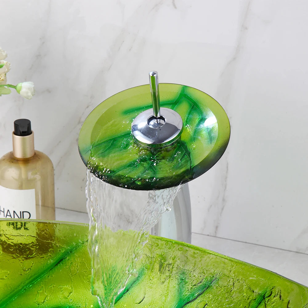Oval Sink, Waterfall Faucet, Tempered Glass, Above Counter