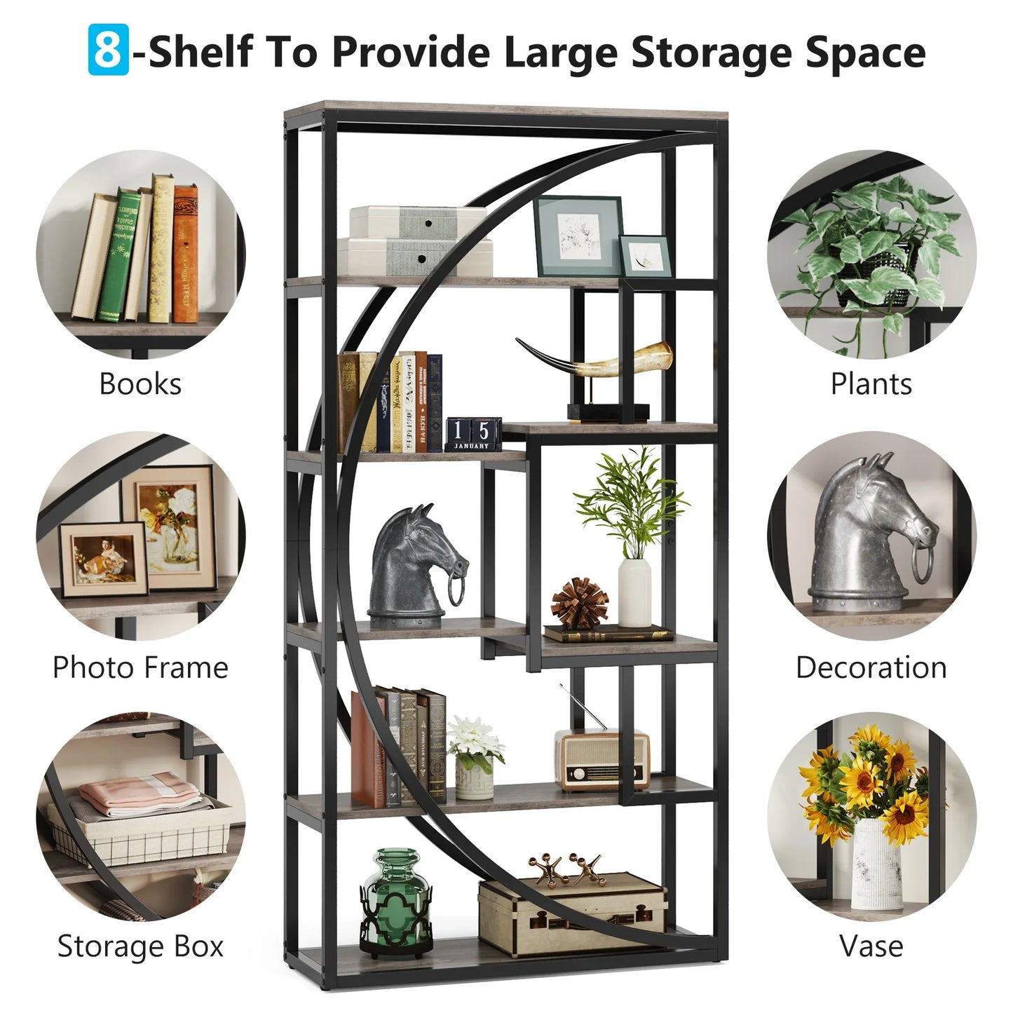 Bookshelf, Industrial, 5-Tier, 70.8" Tall, 8 Open Shelves