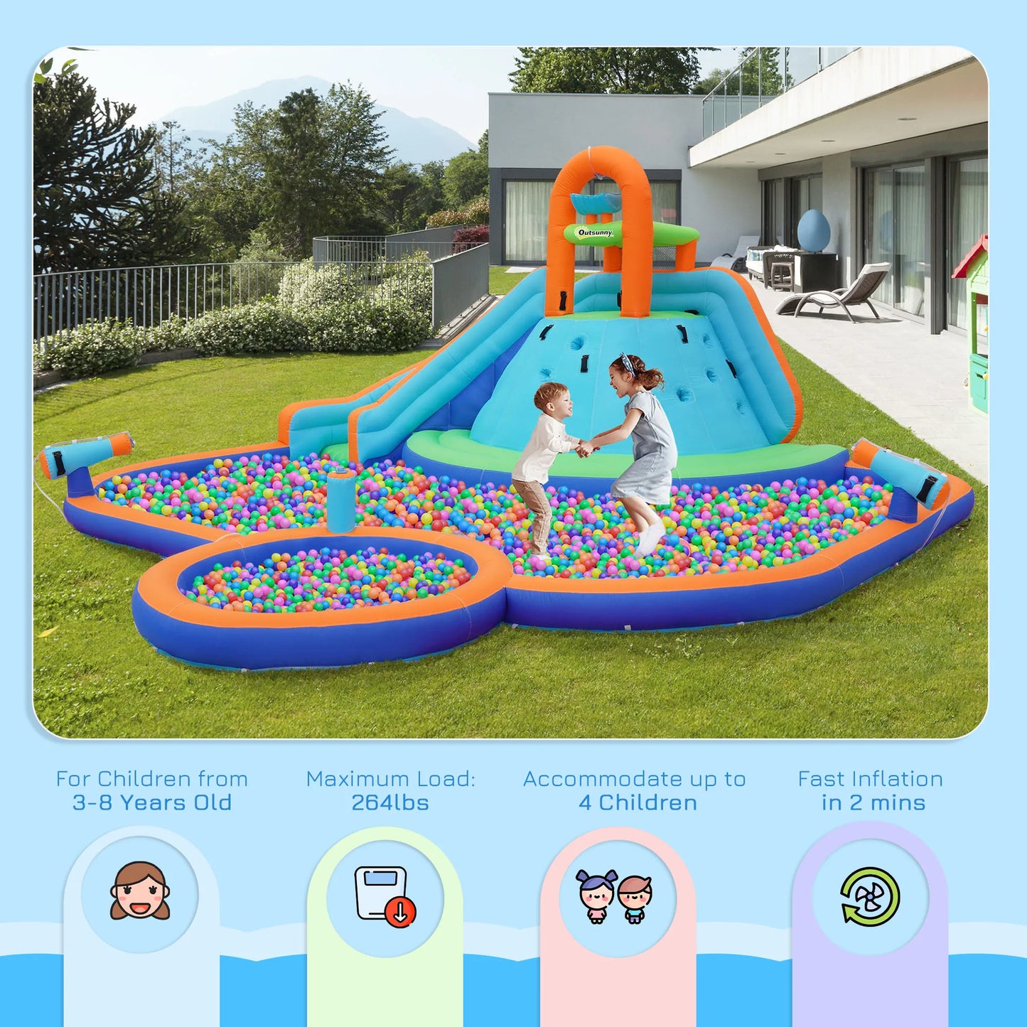 Inflatable Water Park, Trampoline, Slide, Outdoor, Sprinkler, Target Games, Water Gun, Blower