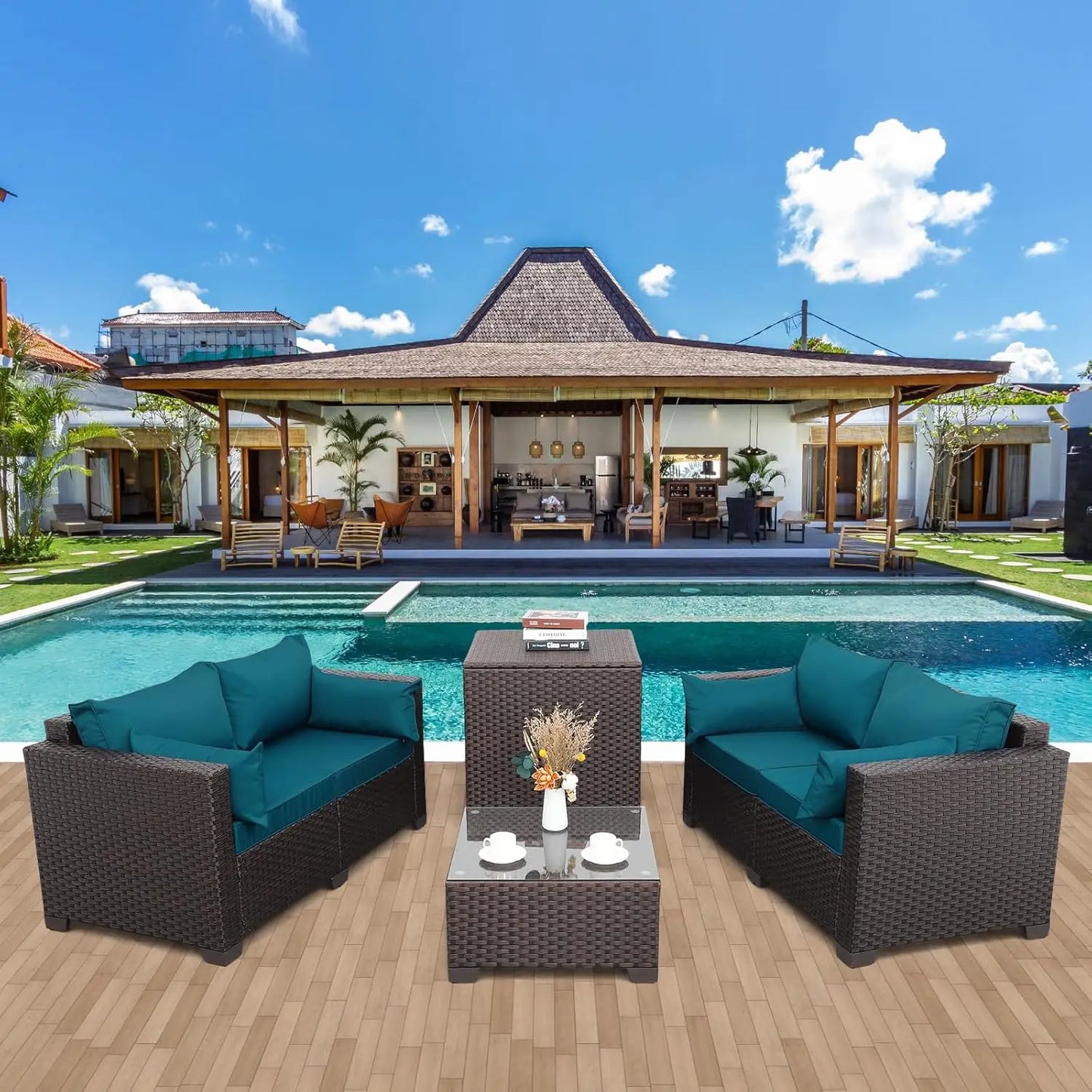 4 Pcs Outdoor Furniture Set, Willow Sofa, Cushions, Coffee Table