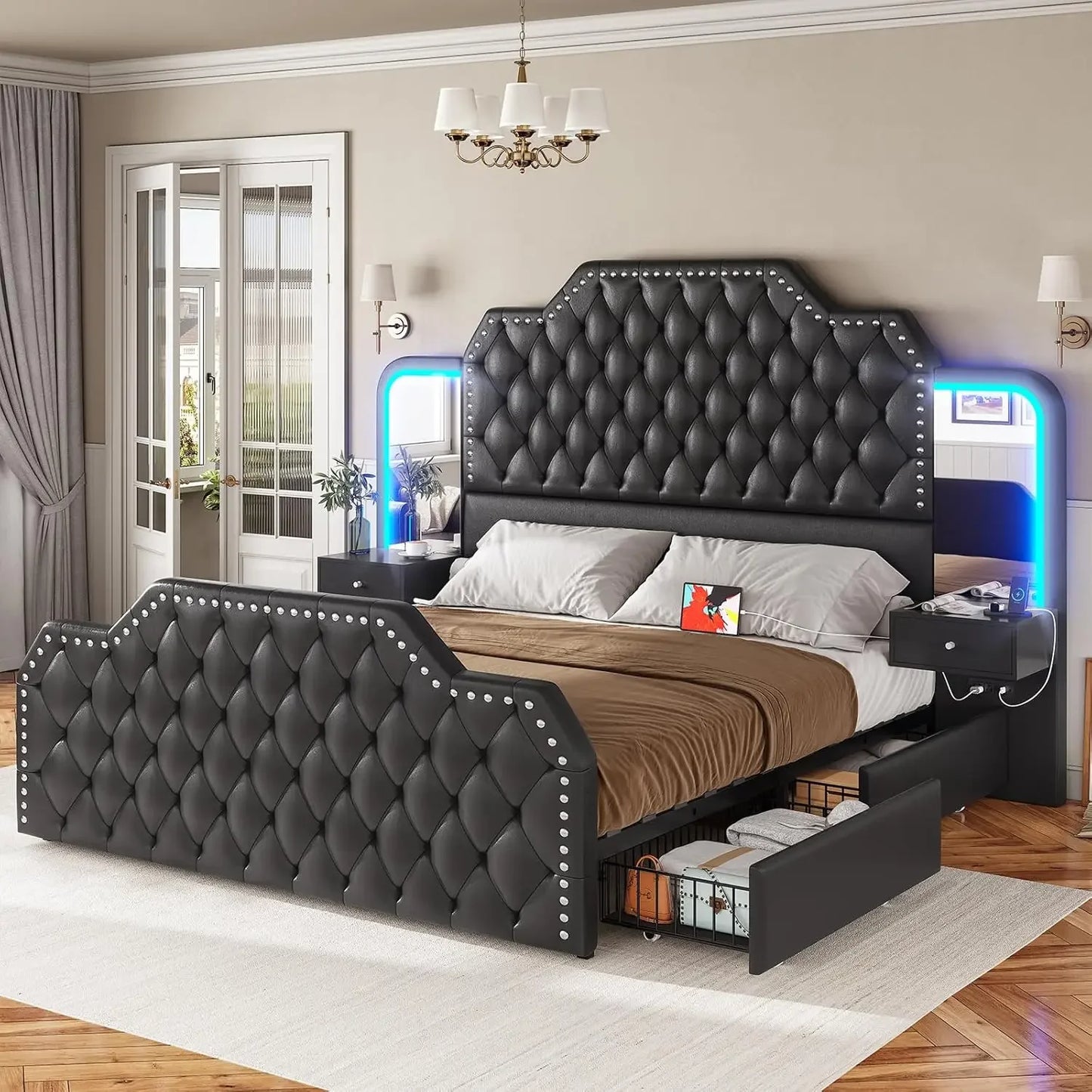 Queen Bed Frame, Headboard, 4 Storage Drawers, Leather Upholstery, Charging Station, LED Lights, 2 Bedside Tables
