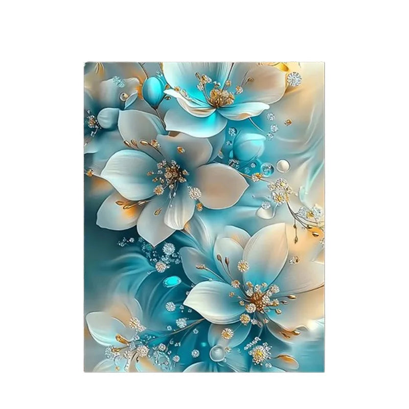 Blue & White Flowers Oil Painting, Framed, Gold Accents