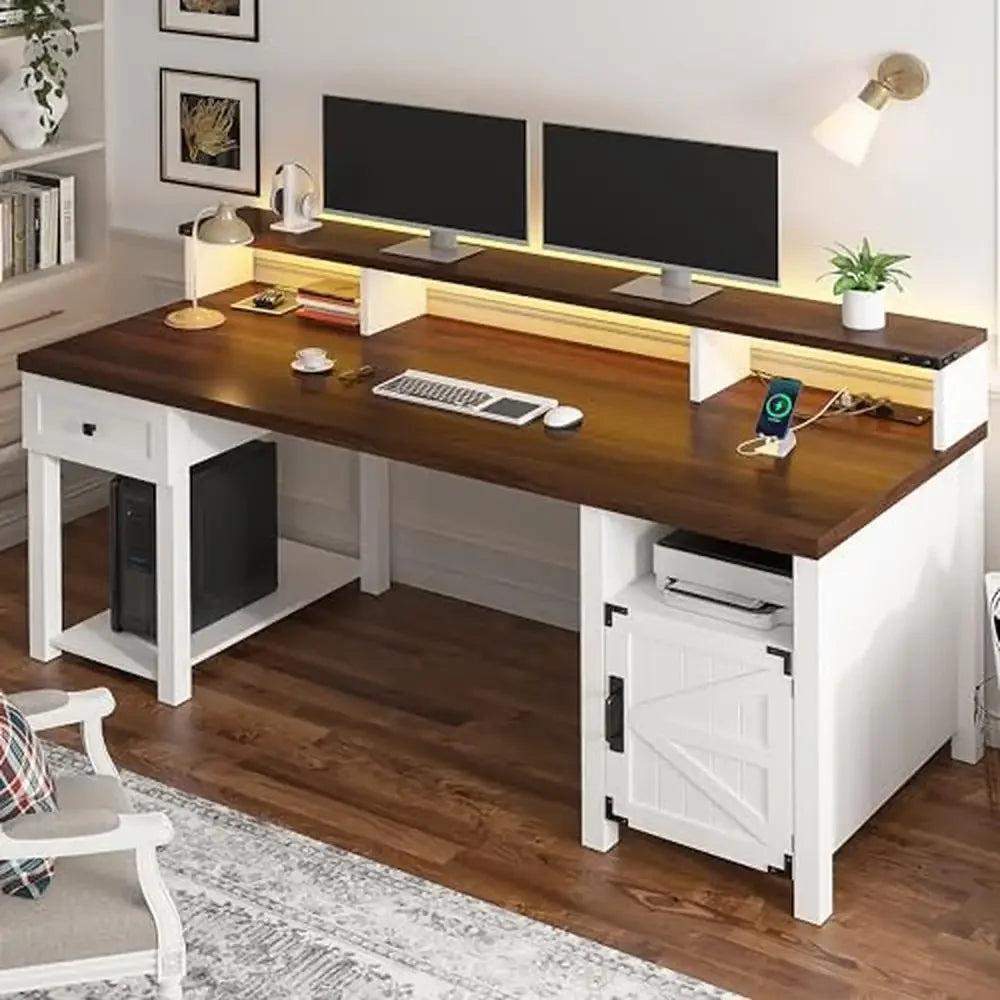 55" Reversible Wood Computer Desk, Drawers, USB Outlets, Rustic