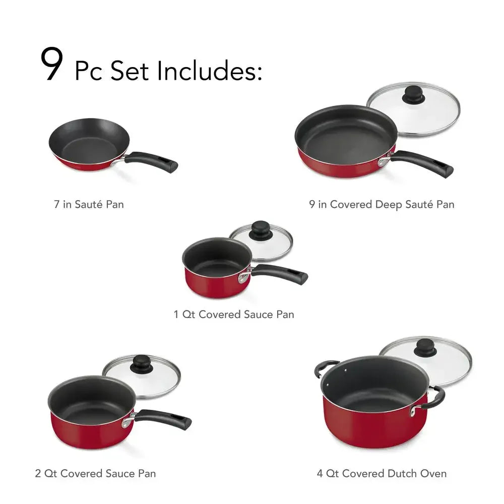 9-Piece Non-Stick Cookware Set, Red, Riveted Handles, Tempered Glass Lids