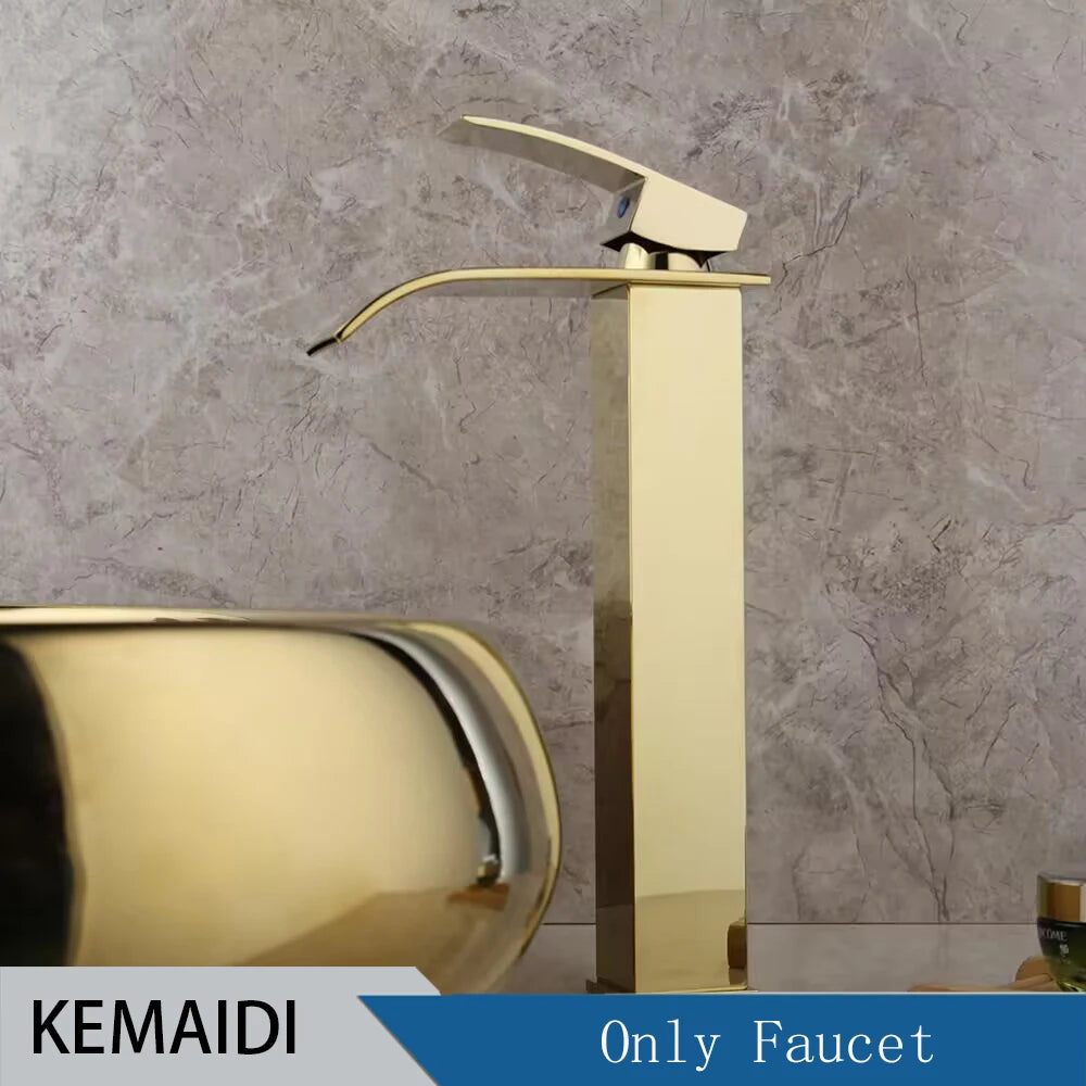 Luxury Oval Bathroom Sink, Gold Ceramic, Above Counter, Waterfall Faucet