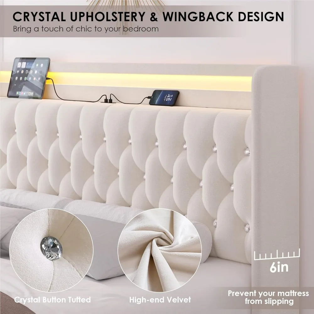 Velvet Upholstered KIng Bed, Charging Station, 4 Storage Drawers, Platform, Metal Frame