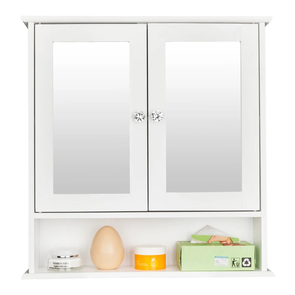 Double Door Mirror Bathroom Cabinet, Shelf, White
