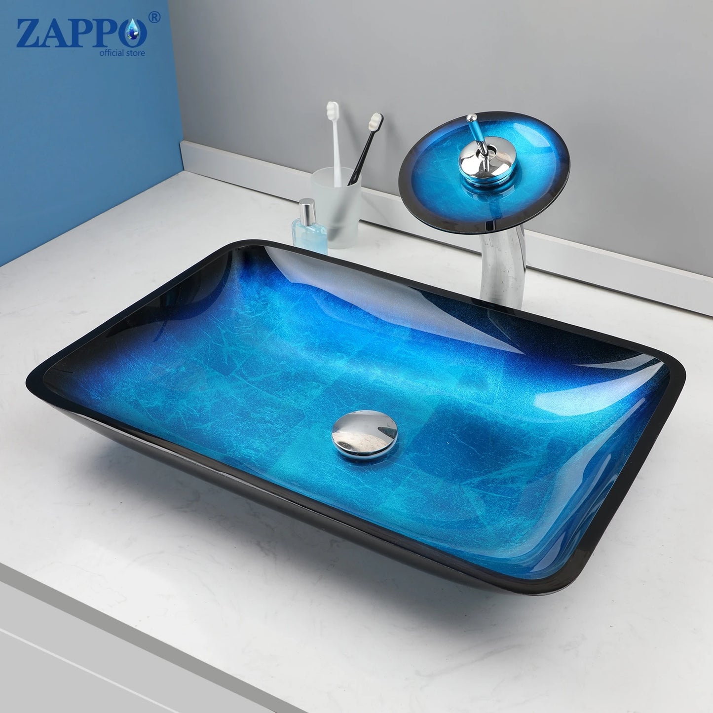 Oval Blue Tempered Glass Sink, Waterfall Black Faucet Tap, Above Counter Basin