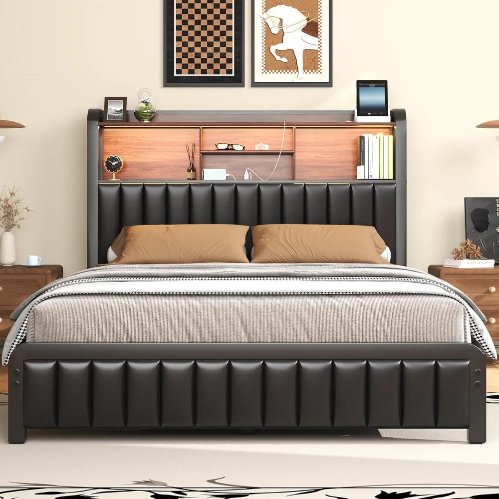 Full Bed, 54.3" Tall 3-Tier Storage Headboard, PU Leather, Metal Platform Frame, LED Lights, Charging Station