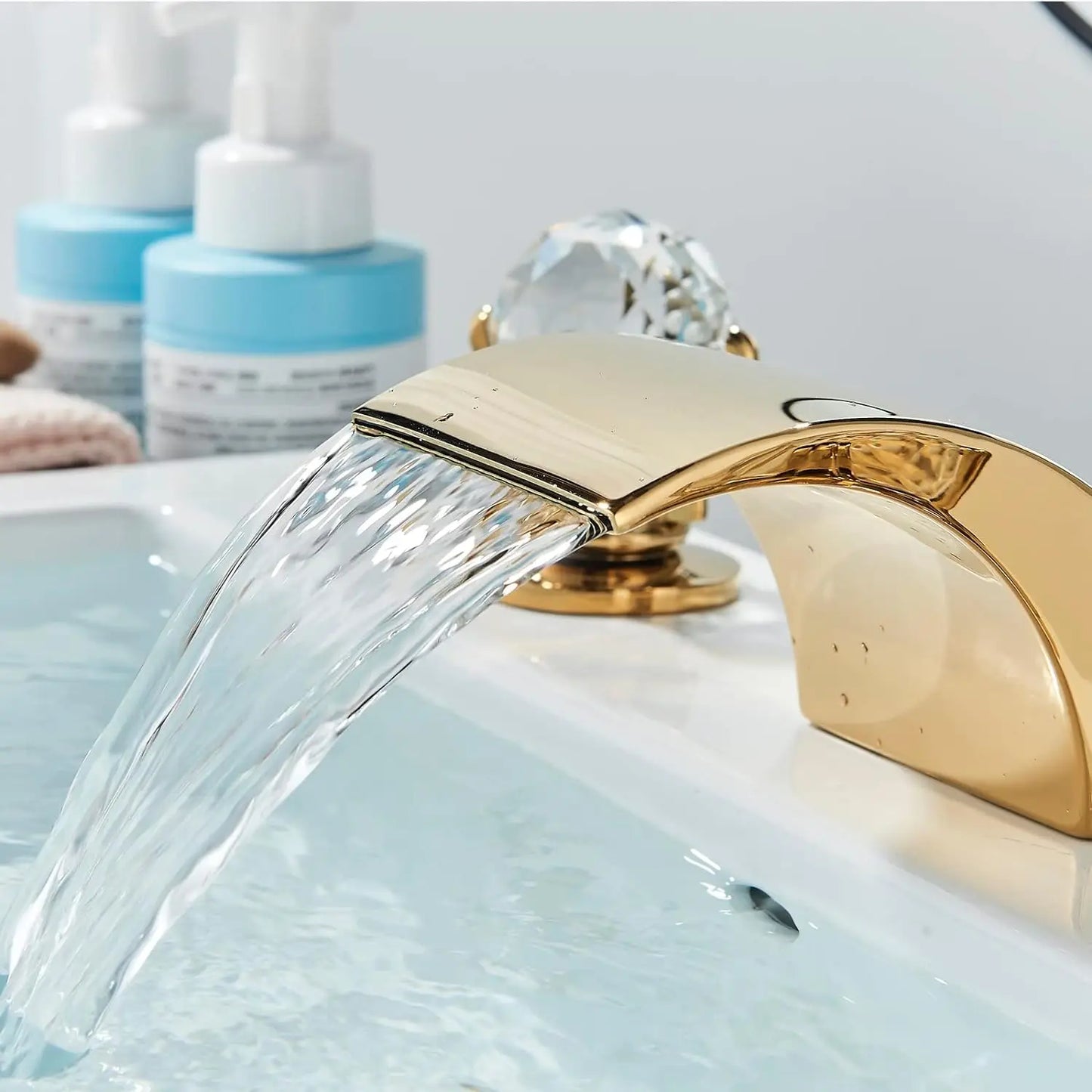 LED Widespread Waterfall Faucet, Gold, Polished, Crystal Knobs