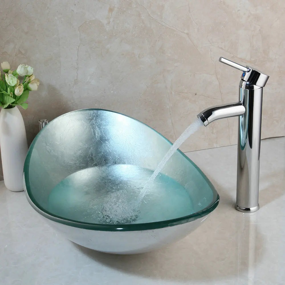Silver Shiny Tempered Glass  Sink W/ Faucet, Countertop