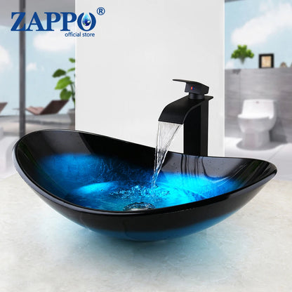 Oval Blue Tempered Glass Sink, Waterfall Black Faucet Tap, Above Counter Basin