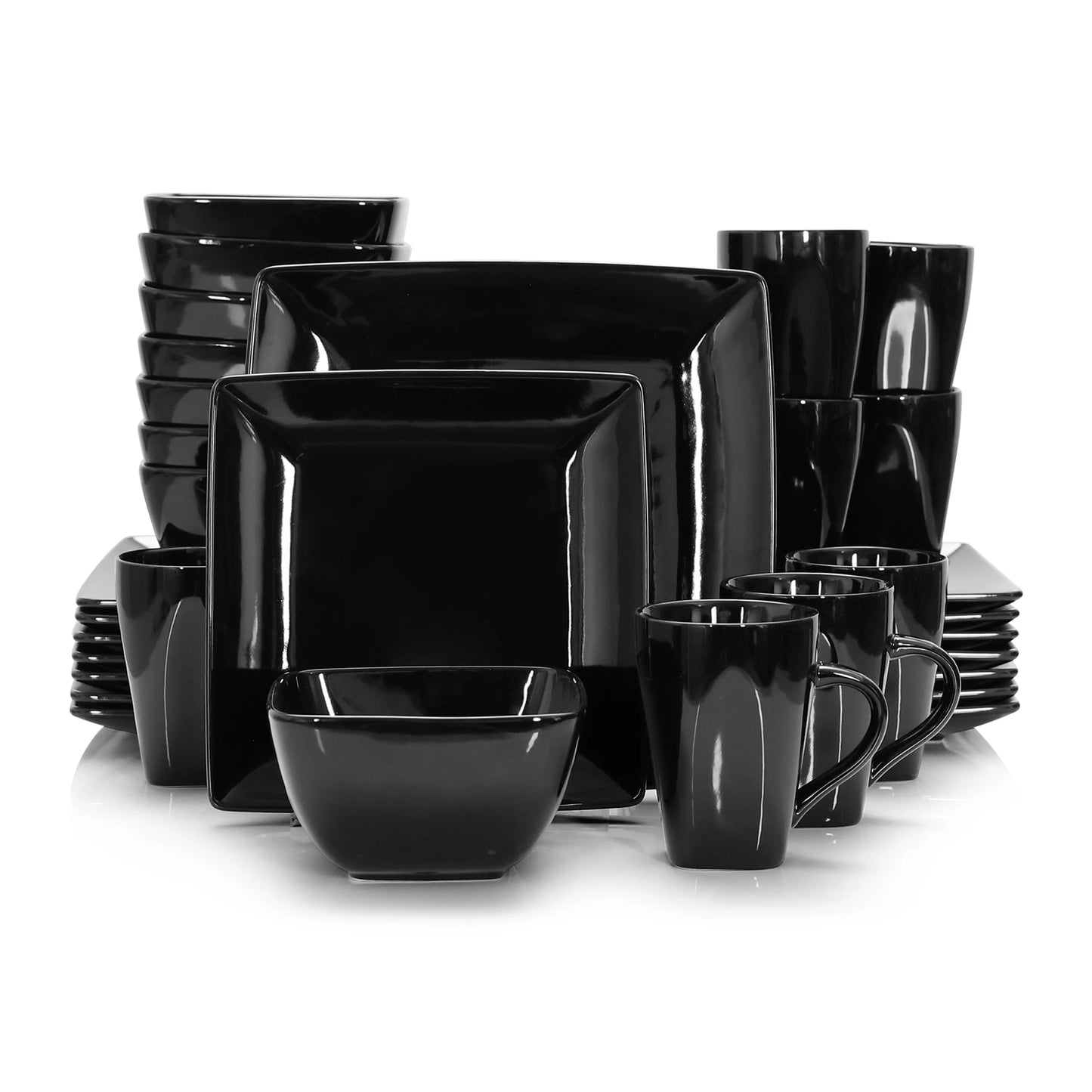 16/32/48 Piece Black Porcelain Square Dinnerware