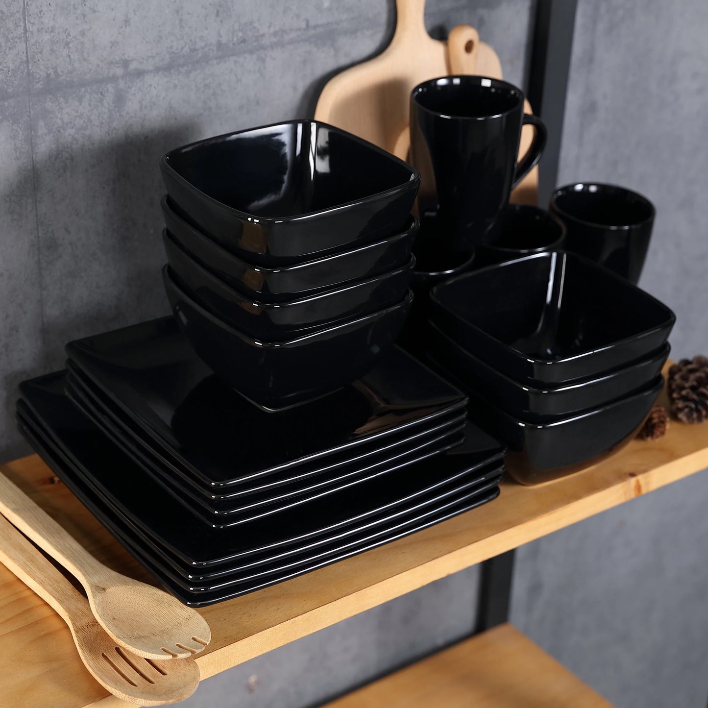 16/32/48 Piece Black Porcelain Square Dinnerware