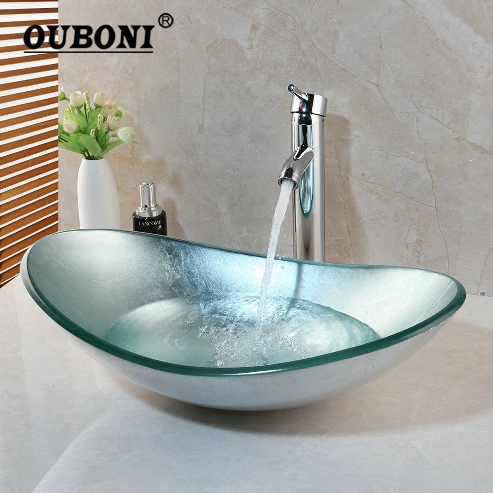 Silver Shiny Tempered Glass  Sink W/ Faucet, Countertop