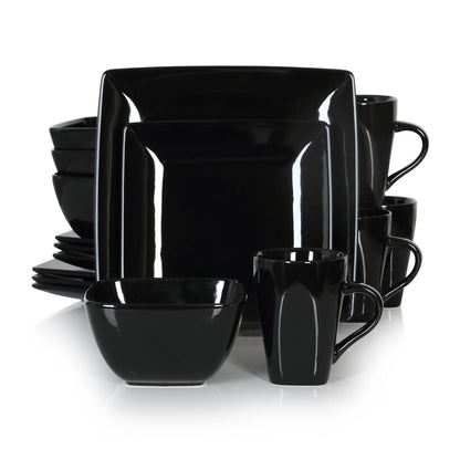 16/32/48 Piece Black Porcelain Square Dinnerware