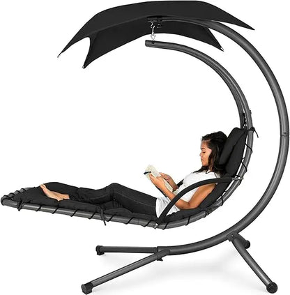 Outdoor Hanging Curved Steel Lounge Chair, Swing, Built-in Pillow, Removable Canopy, 14 Colors
