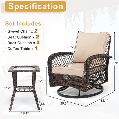 3 Pieces Patio Furniture Set, Outdoor, Swivel Gliders, Rocker, Wicker
