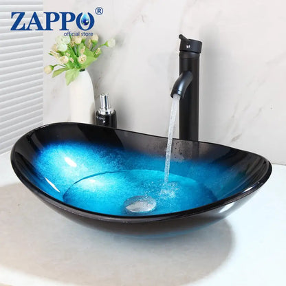 Oval Blue Tempered Glass Sink, Waterfall Black Faucet Tap, Above Counter Basin