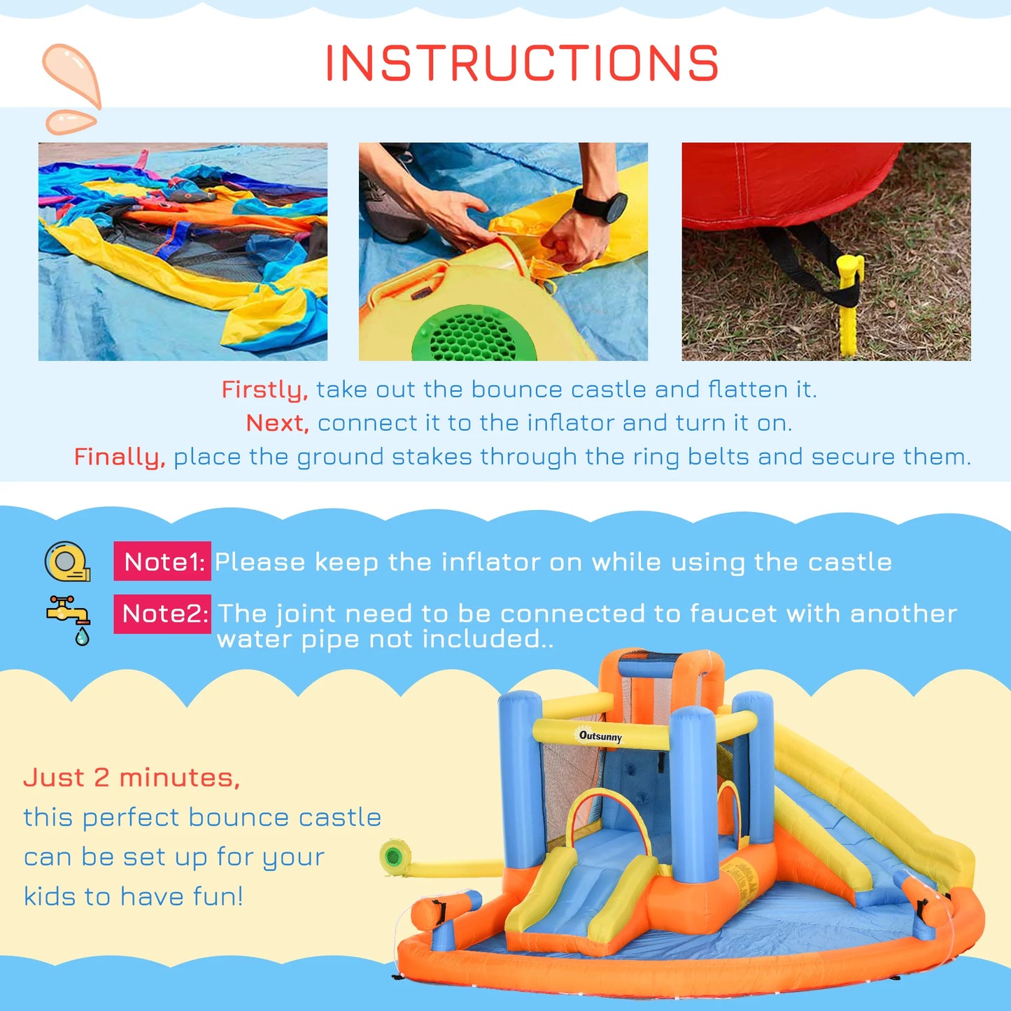 Inflatable Water Park, Trampoline, Slide, Outdoor, Sprinkler, Target Games, Water Gun, Blower
