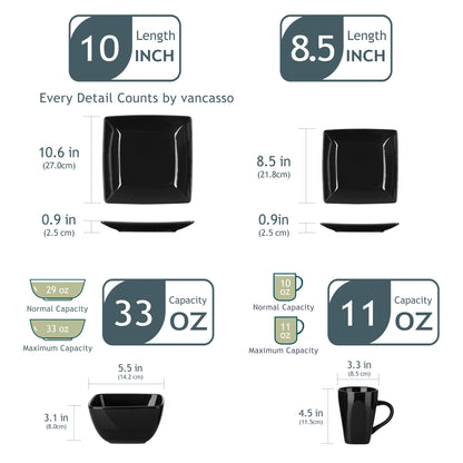 16/32/48 Piece Black Porcelain Square Dinnerware