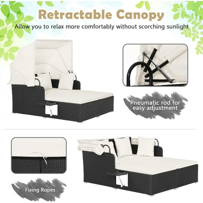 Patio Rattan Daybed, Wicker, Lounger, Retractable Canopy