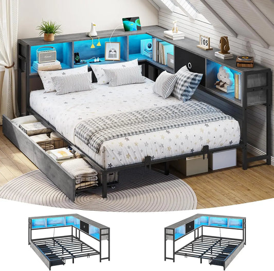 Corner Full Bed Frame, Bookcase Storage, Led Lights, Storage Drawers, Charging Station