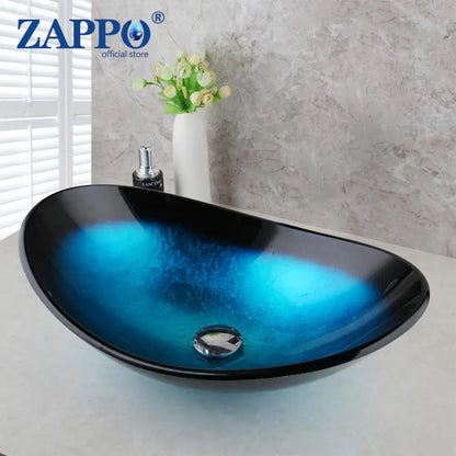 Oval Blue Tempered Glass Sink, Waterfall Black Faucet Tap, Above Counter Basin