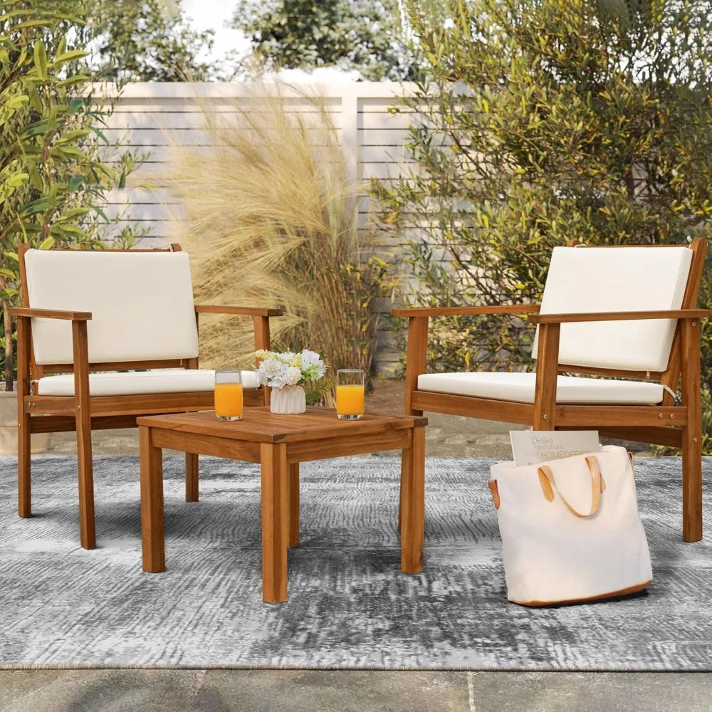 3 Piece Acacia Wood Patio Furniture, Coffee Table, & Cushions