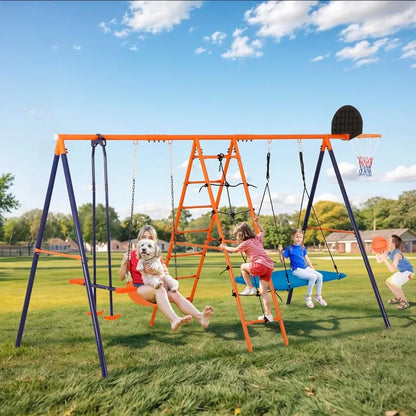 Metal Swing Set, Climbing Ladder, Trapeze Bar, Basketball Hoop plus More