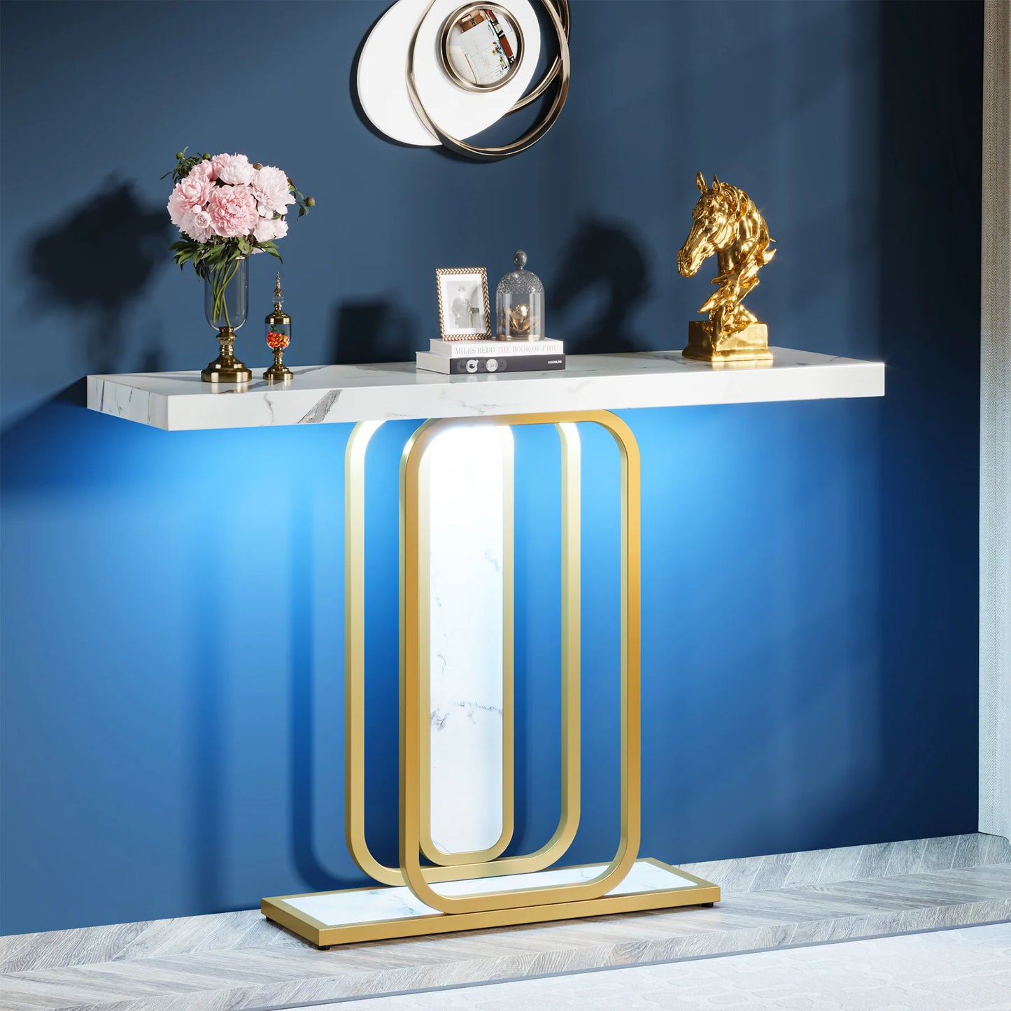 Gold White Entryway Table, LED Lights, Faux Marble, Veneer